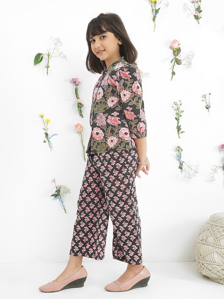 Girls Black Frilled Floral Print Shirt with Pants Set