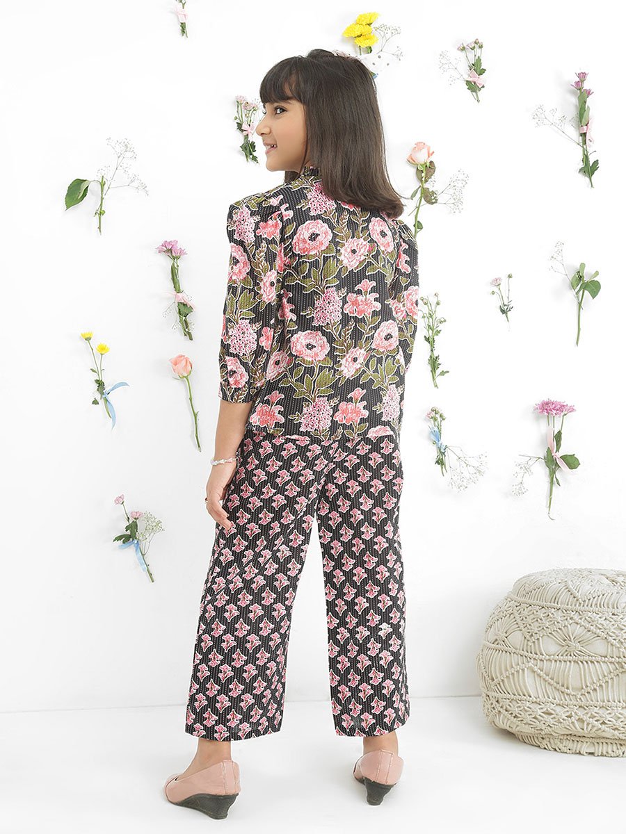 Girls Black Frilled Floral Print Shirt with Pants Set