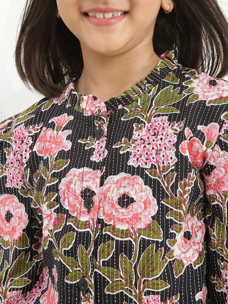 Girls Black Frilled Floral Print Shirt with Pants Set