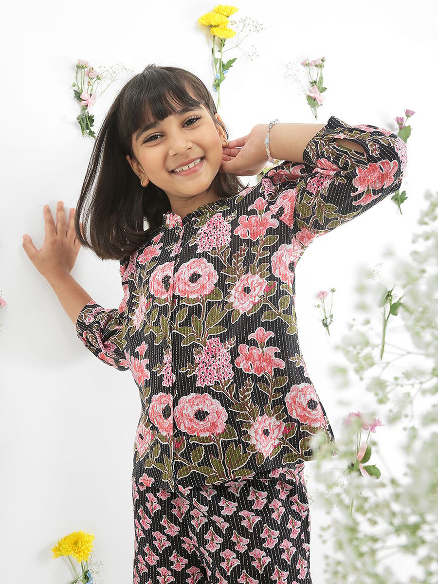 Girls Black Frilled Floral Print Shirt with Pants Set