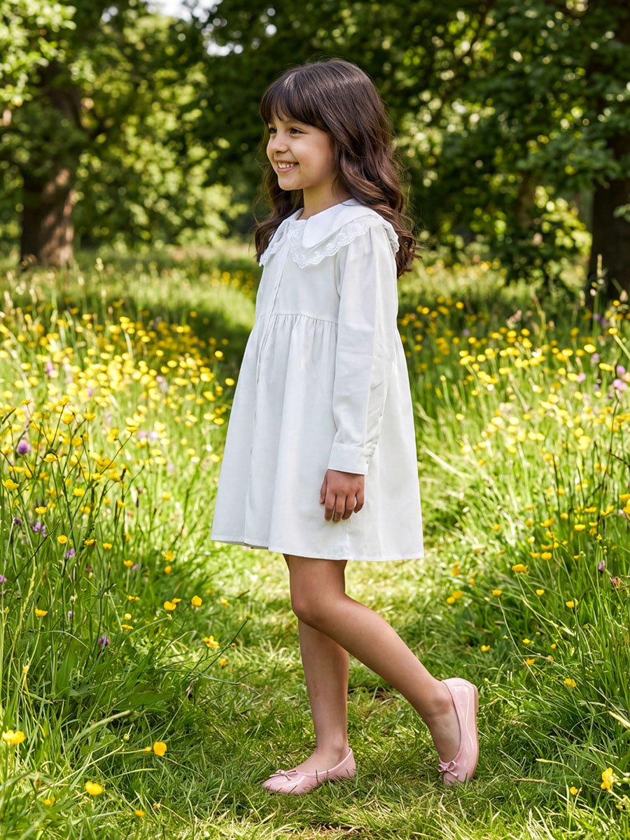 Girls White Fit and Flare Mini Dress with Lace Collar