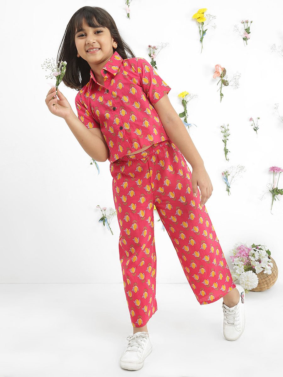 Girls Pink Collared Floral Print Shirt with Pants Set
