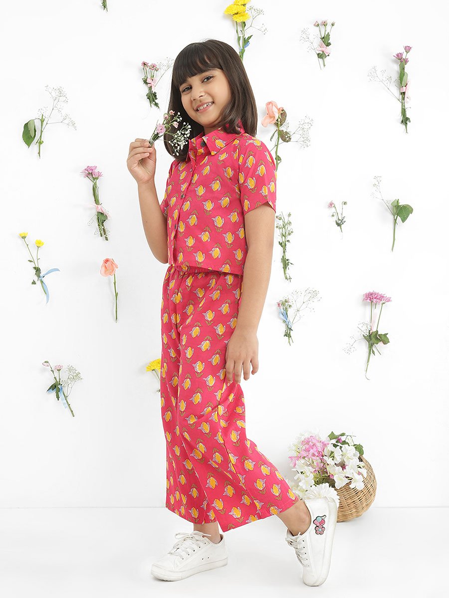Girls Pink Collared Floral Print Shirt with Pants Set