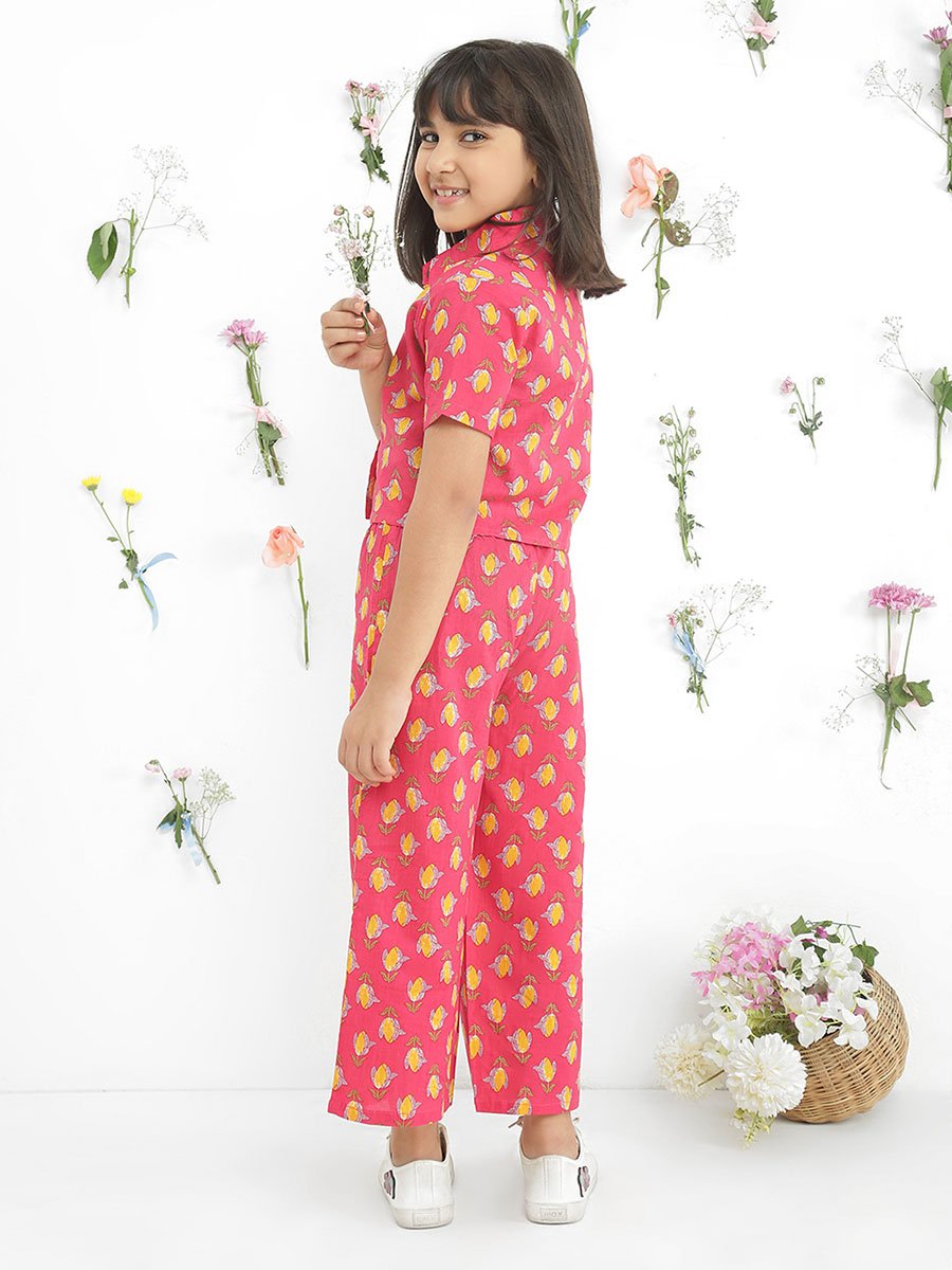 Girls Pink Collared Floral Print Shirt with Pants Set