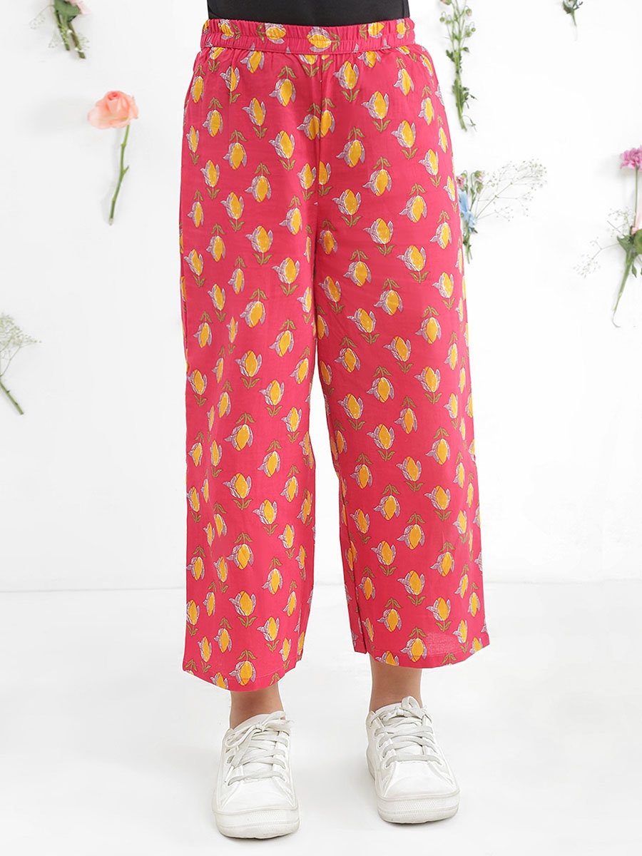 Girls Pink Collared Floral Print Shirt with Pants Set