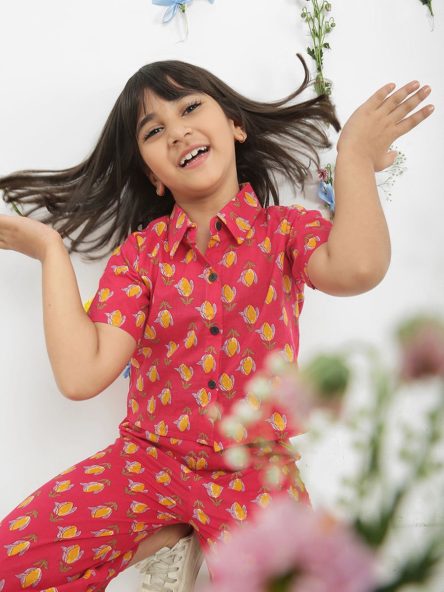 Girls Pink Collared Floral Print Shirt with Pants Set