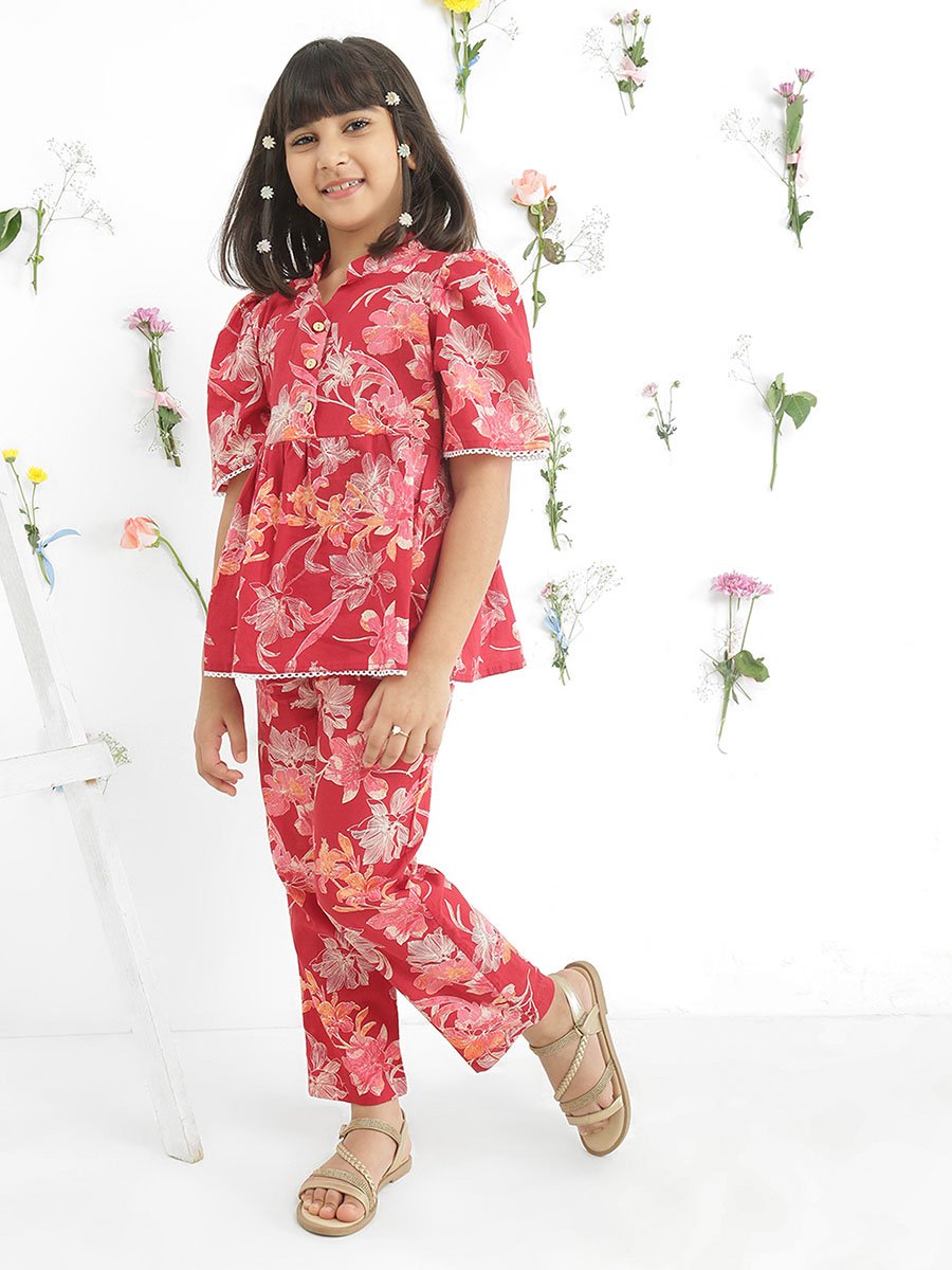 Girls Maroon Floral Print Tunic with Pants Set