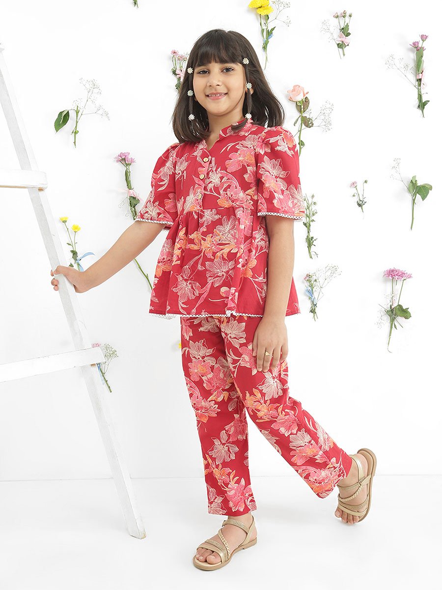 Girls Maroon Floral Print Tunic with Pants Set