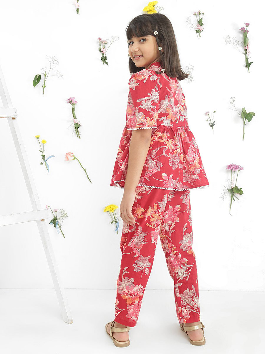 Girls Maroon Floral Print Tunic with Pants Set