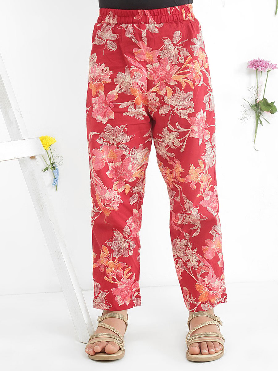 Girls Maroon Floral Print Tunic with Pants Set
