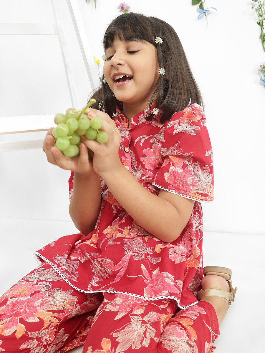 Girls Maroon Floral Print Tunic with Pants Set
