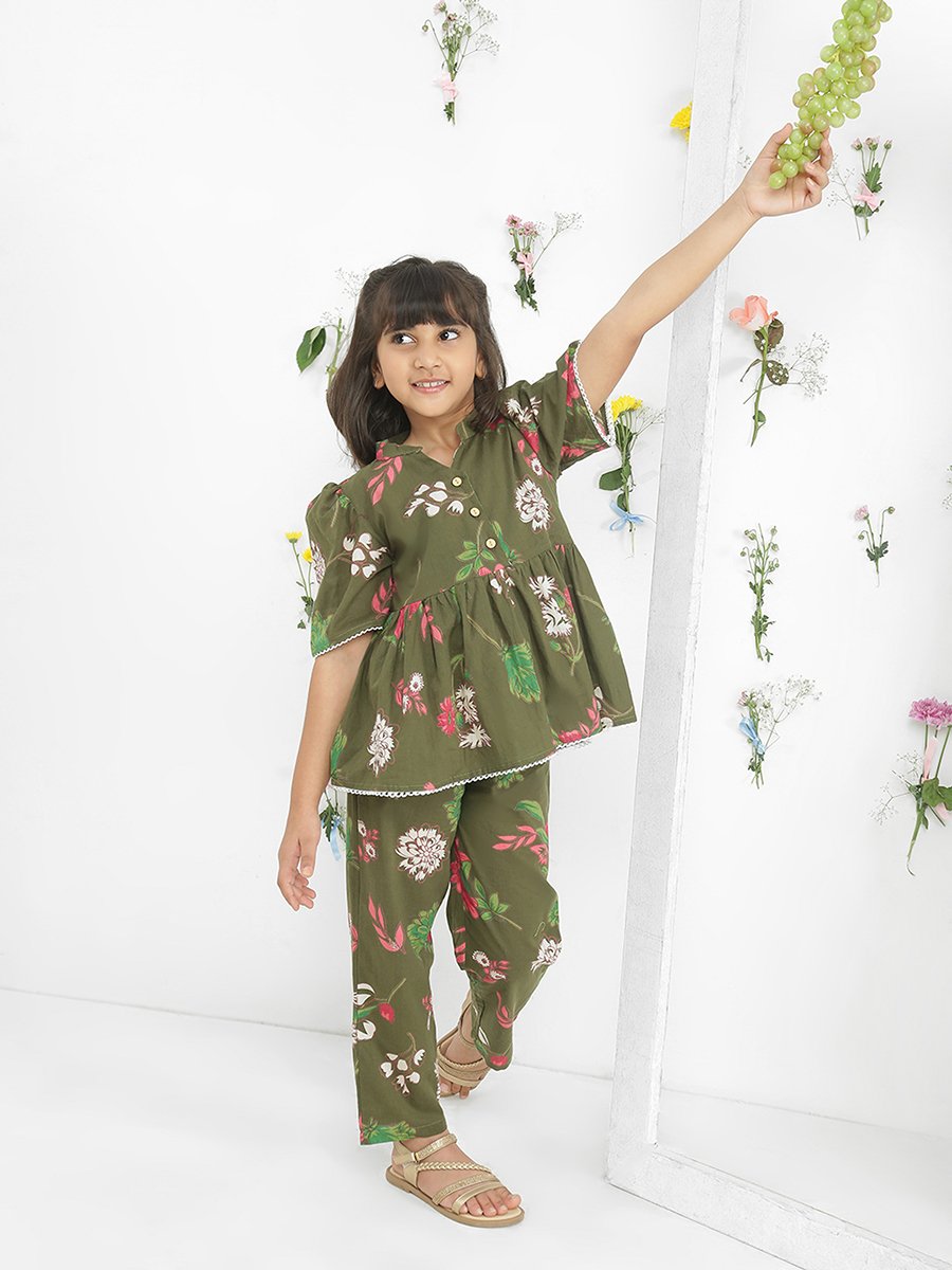 Girls Green Floral Print Tunic with Pants Set