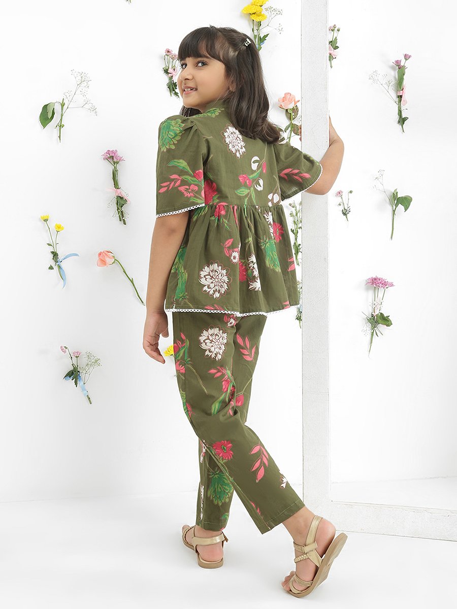 Girls Green Floral Print Tunic with Pants Set