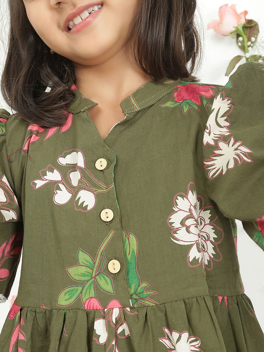 Girls Green Floral Print Tunic with Pants Set