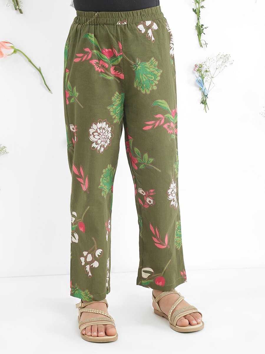 Girls Green Floral Print Tunic with Pants Set