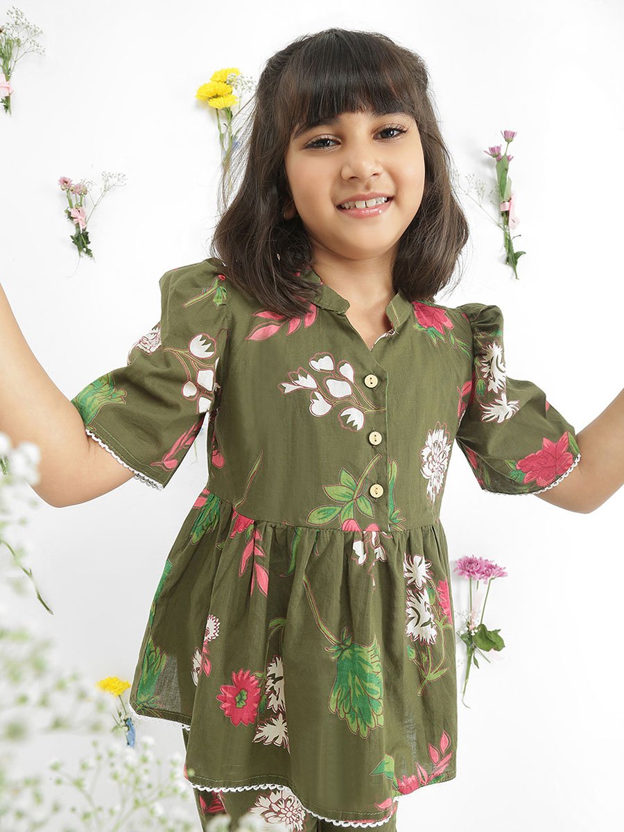 Girls Green Floral Print Tunic with Pants Set