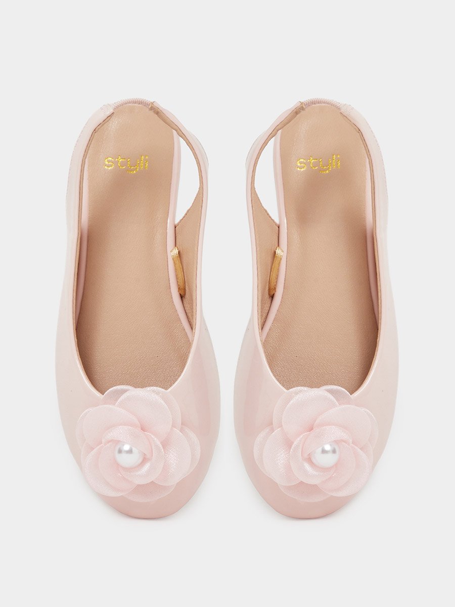 Girls Pink Slingback Ballerinas with Flower Detail