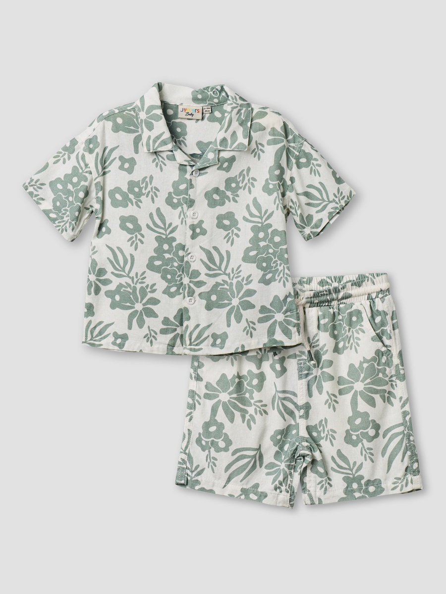 Collared Neck Short Sleeve Shirt and Shorts Set with Drawstring Closure