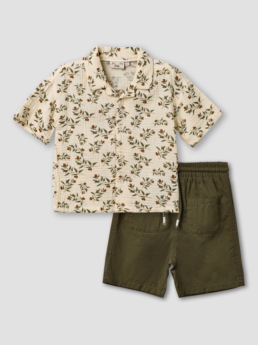 Collared Neck Short Sleeve Shirt and Shorts Set with Drawstring Closure