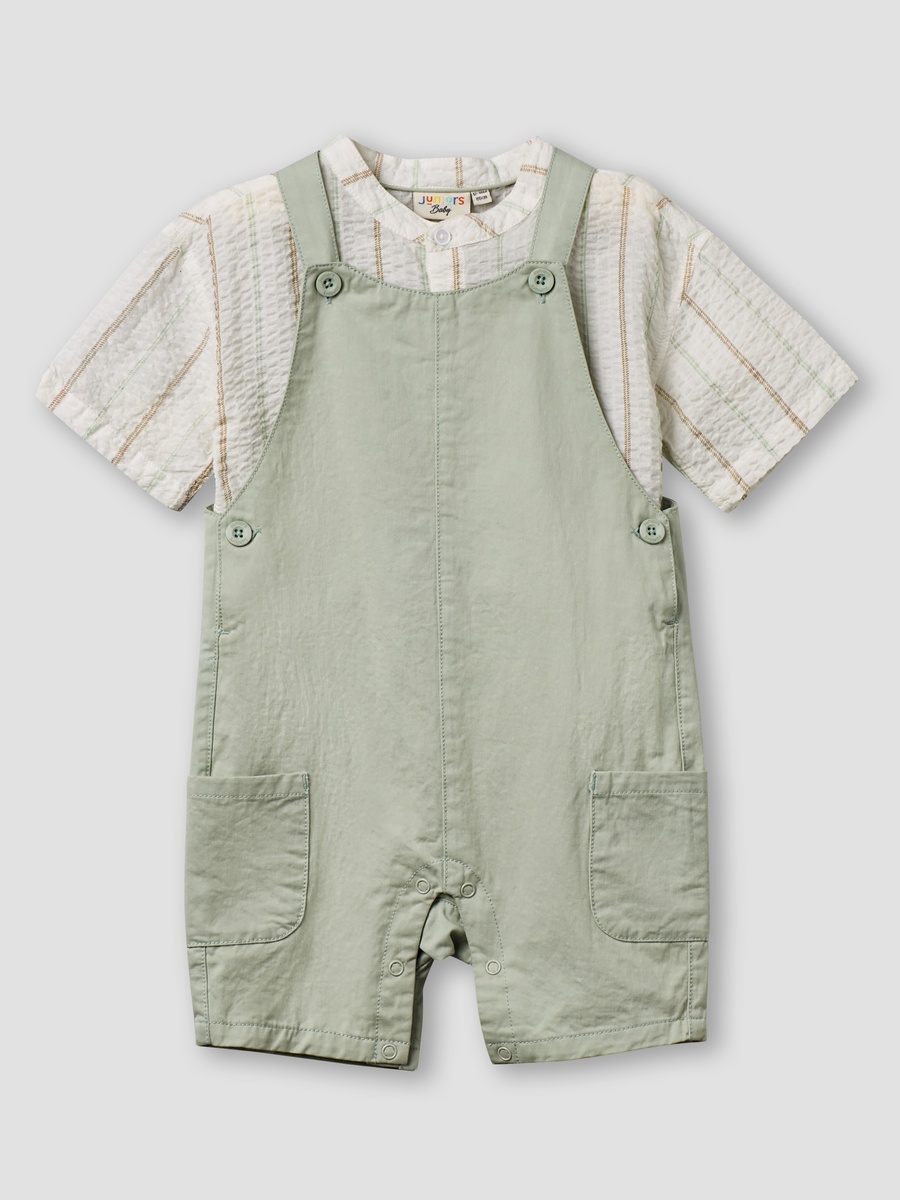 Mandarin Collar Short Sleeve Shirt and Dungaree Set with Pockets