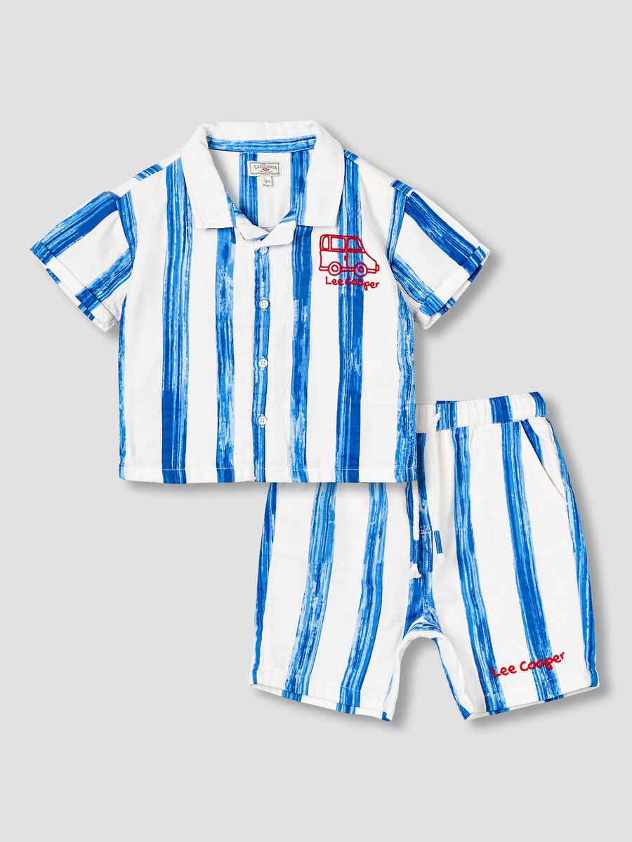 Camp Collar Short Sleeves Shirt and Shorts Set with Stripes