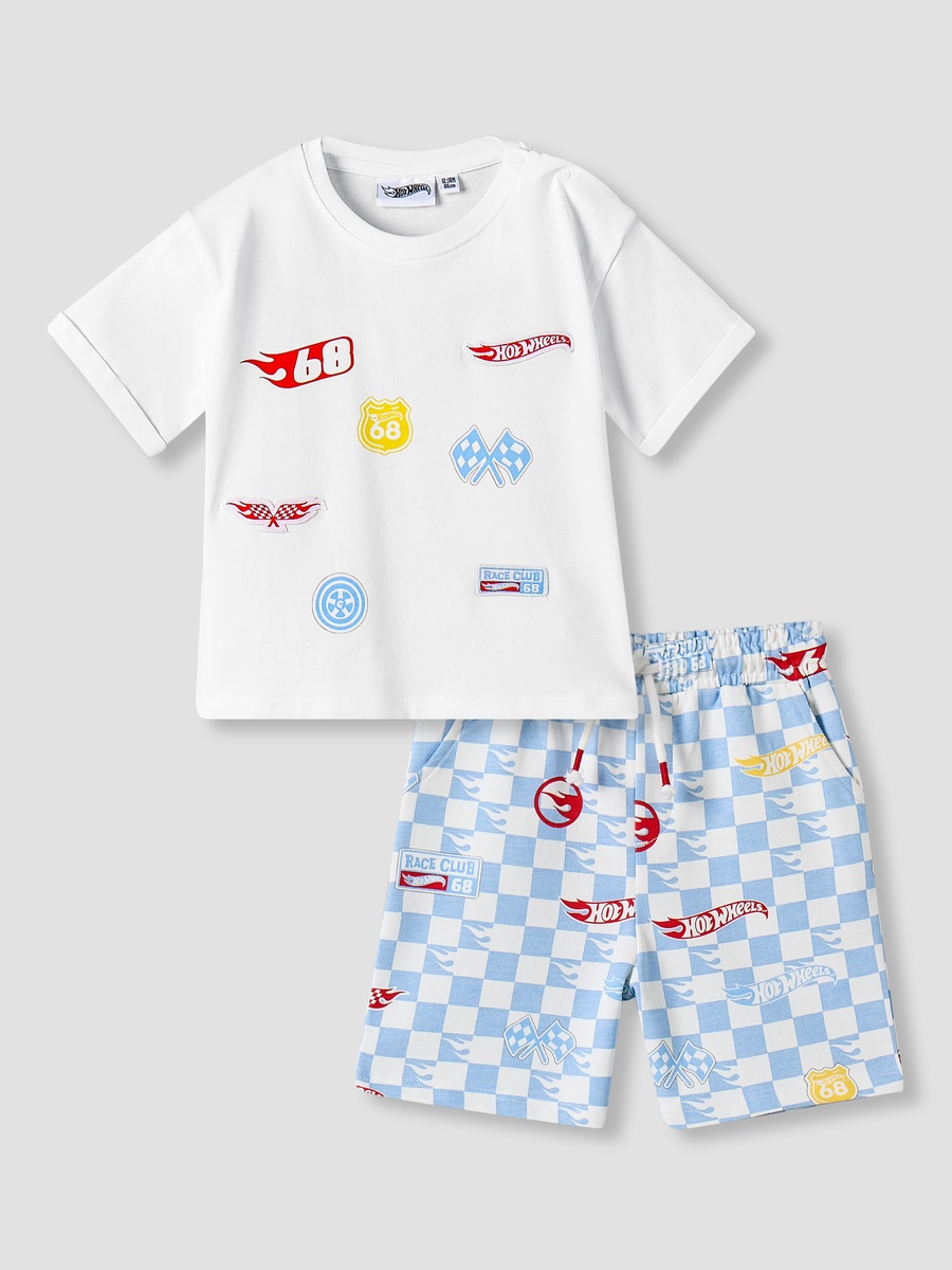 Crew Neck T-Shirt and Shorts Set with Hot Wheels Print