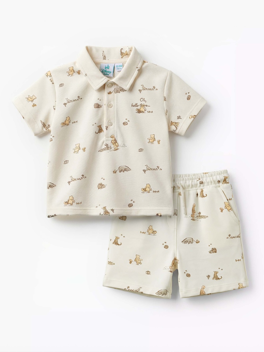 Collared Short Sleeves Polo T-Shirt and Shorts Set with Winnie the Pooh Print