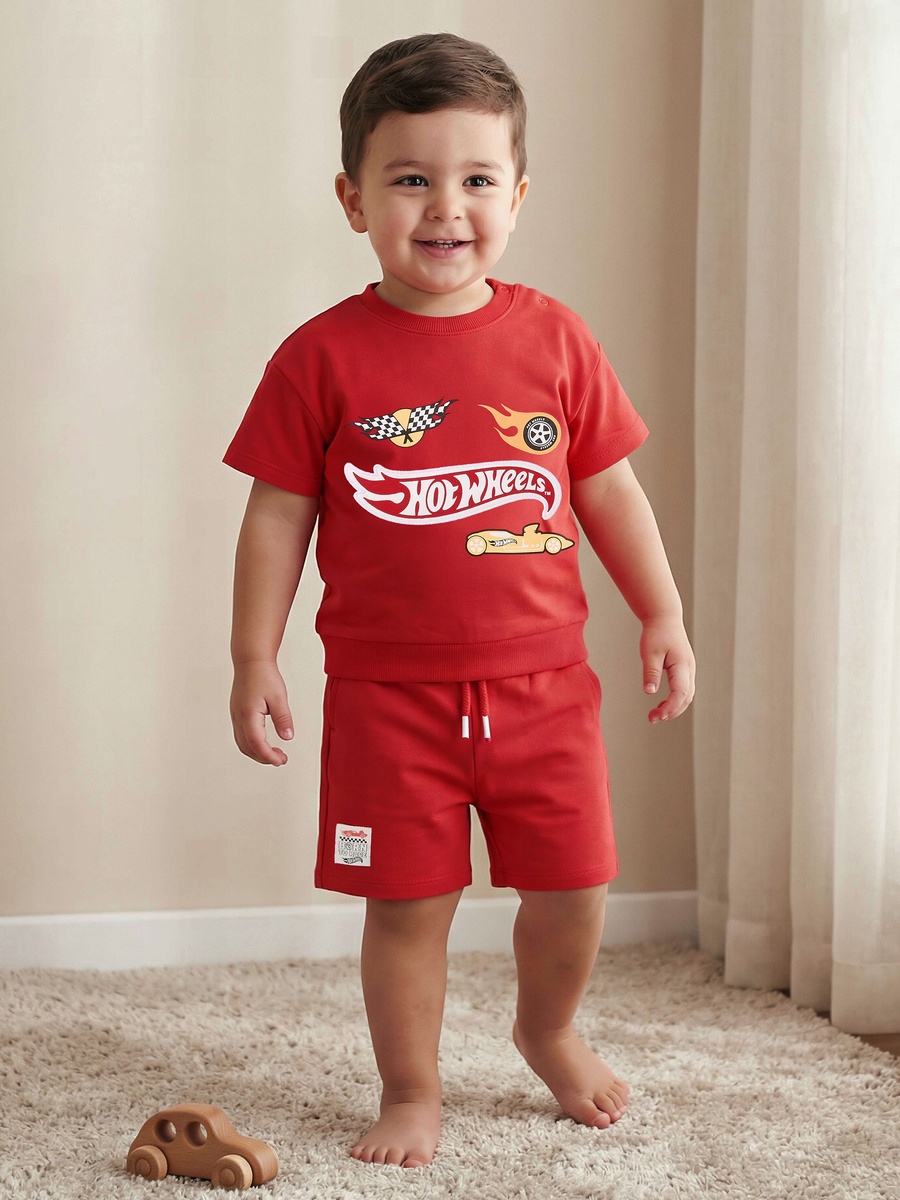Crew Neck Short Sleeves T-Shirt and Shorts Set with Hot Wheels Print