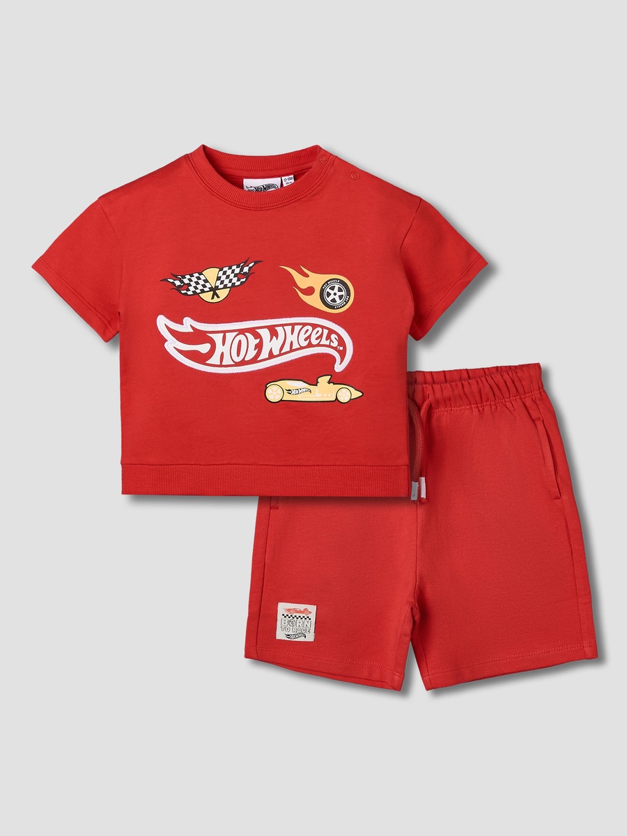 Crew Neck Short Sleeves T-Shirt and Shorts Set with Hot Wheels Print