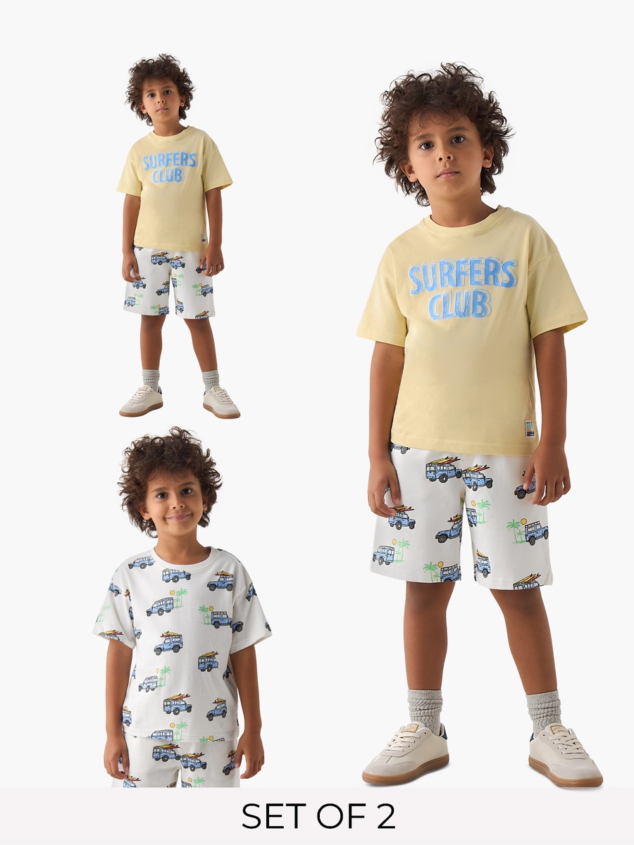 Set of 3 Crew Neck Short Sleeves T-Shirt and Shorts Set with Vehicle Print