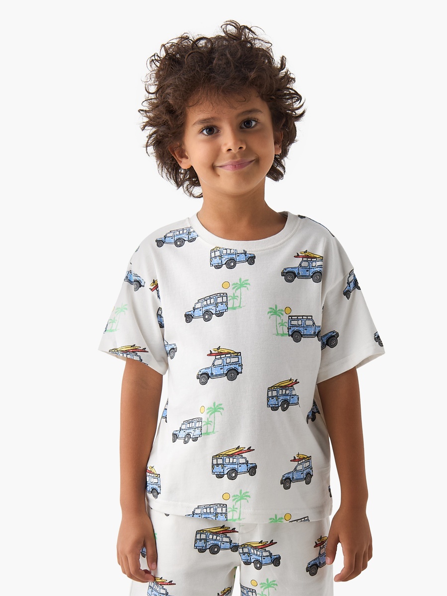 Set of 3 Crew Neck Short Sleeves T-Shirt and Shorts Set with Vehicle Print