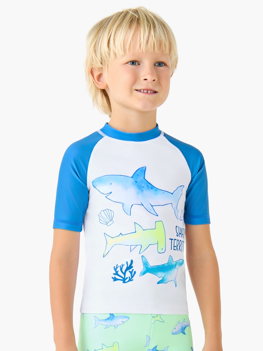 Crew Neck Short Sleeve Swim T-Shirt and Shorts Set with Shark Print