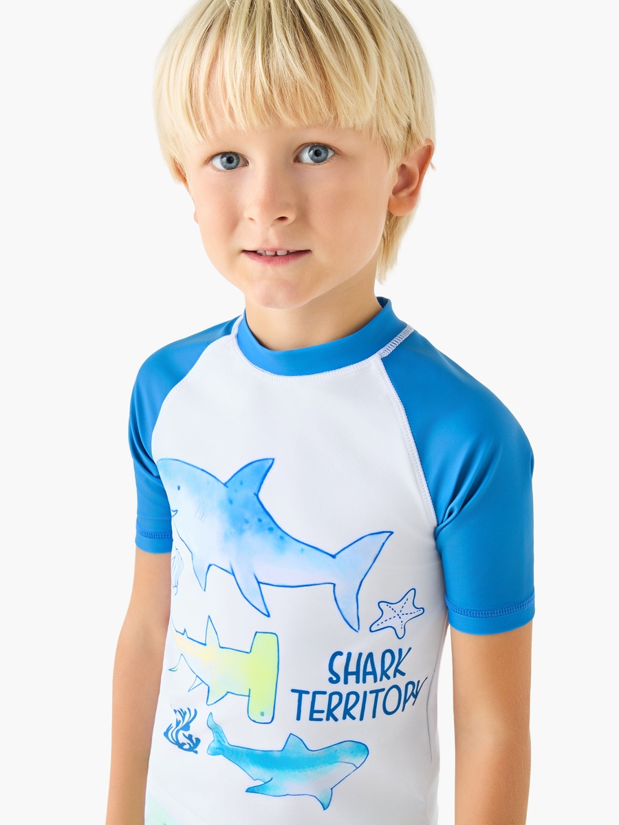 Crew Neck Short Sleeve Swim T-Shirt and Shorts Set with Shark Print