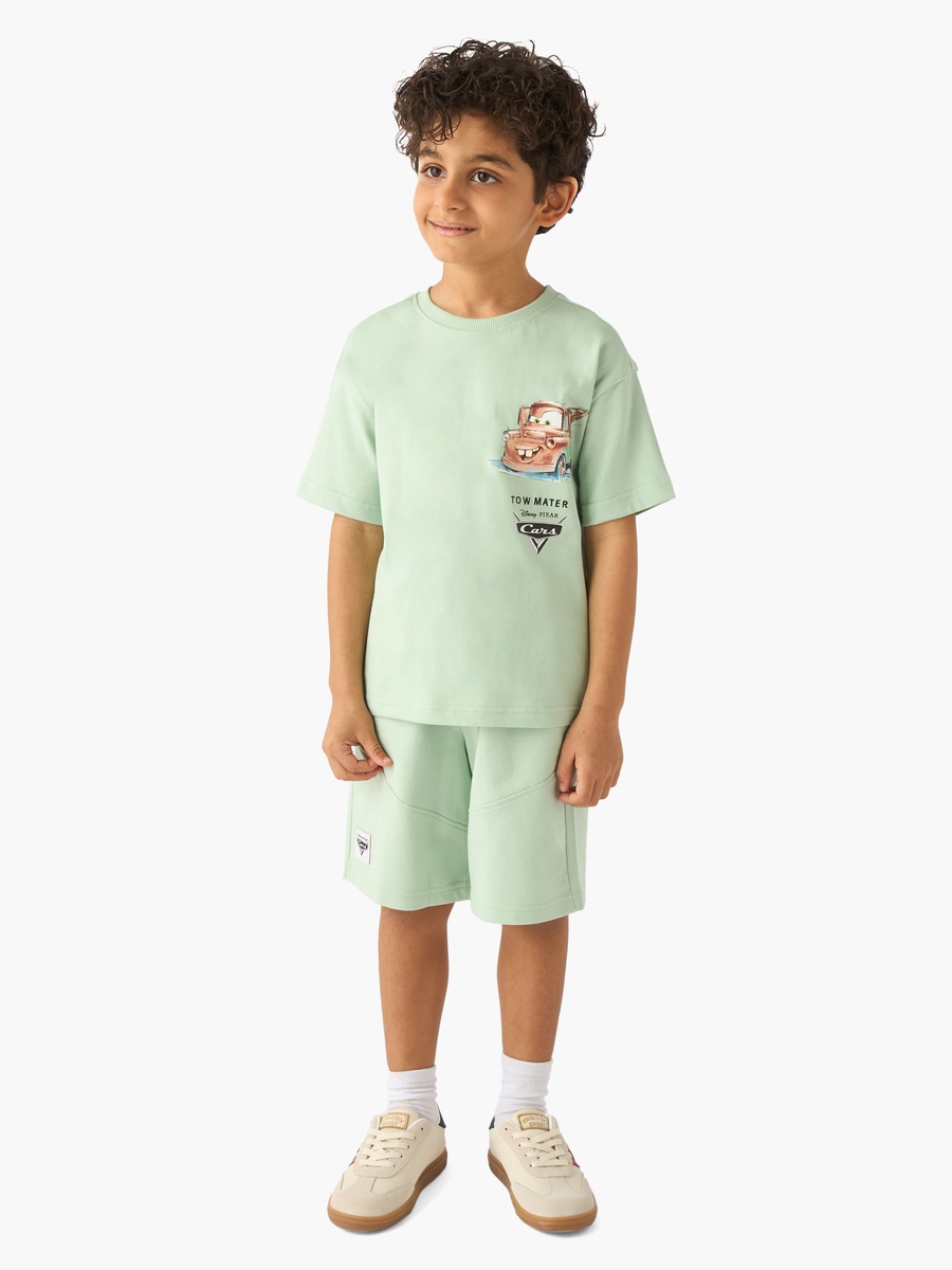 Crew Neck Short Sleeves T-Shirt and Shorts Set with Cars Print