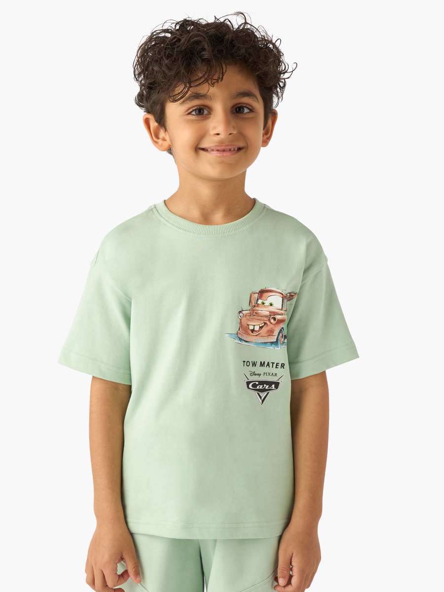 Crew Neck Short Sleeves T-Shirt and Shorts Set with Cars Print