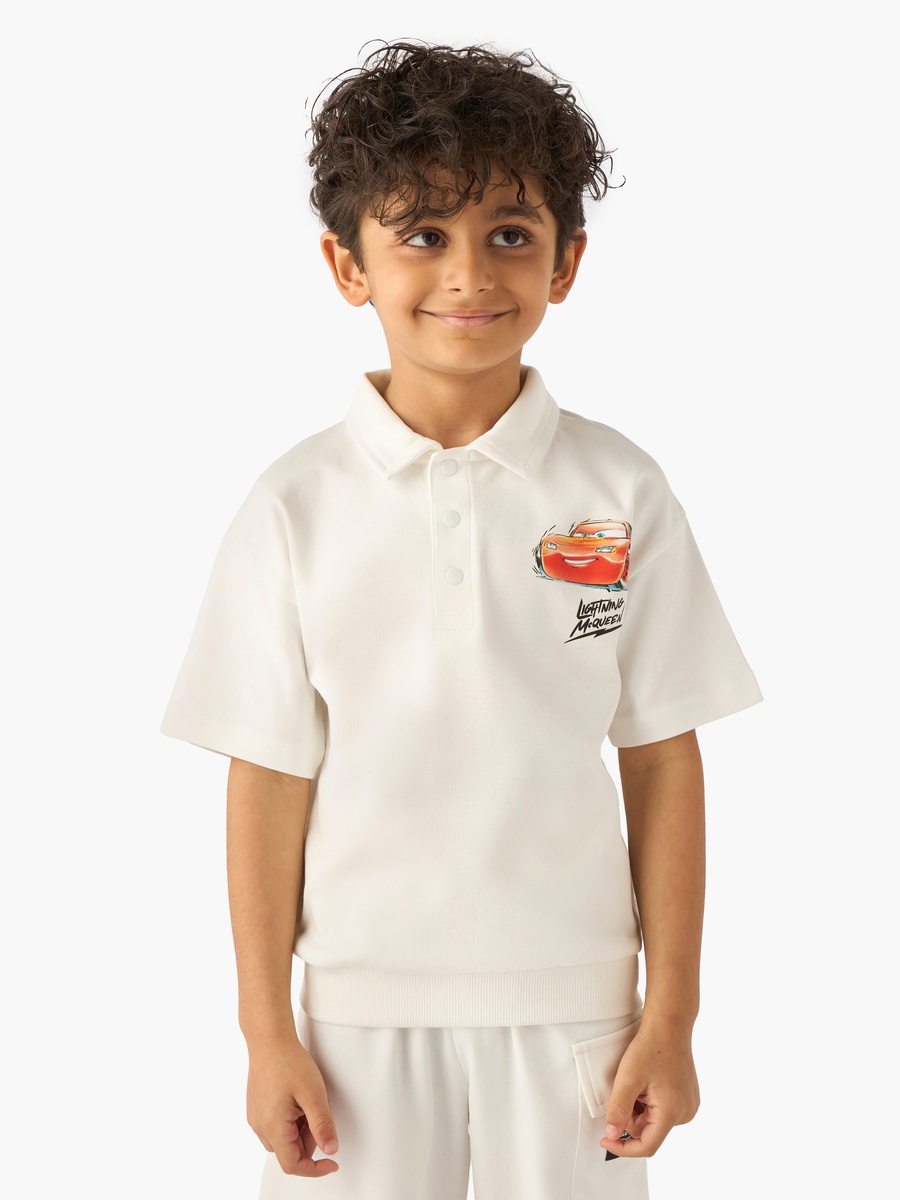 Collared Short Sleeve Polo T-Shirt and Shorts Set with Lightning McQueen Print