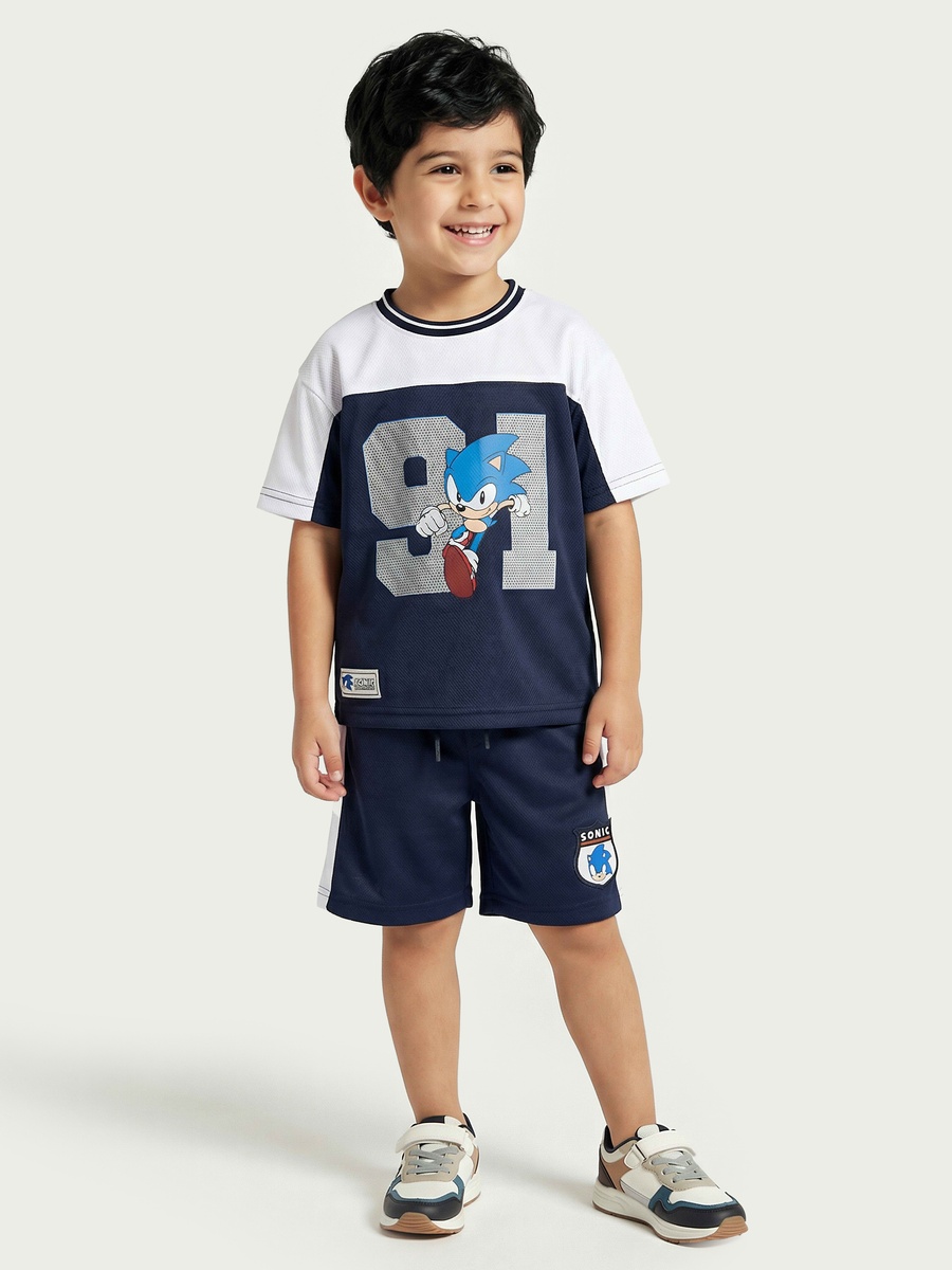 Crew Neck Short Sleeves T-Shirt and Shorts Set with Sonic the Hedgehog Print