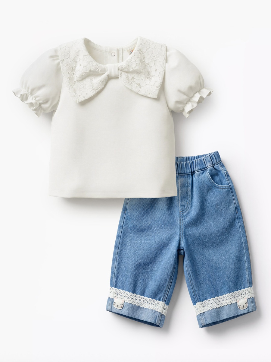 Round Neck Short Sleeves Top and Jeans Set with Bow Detail