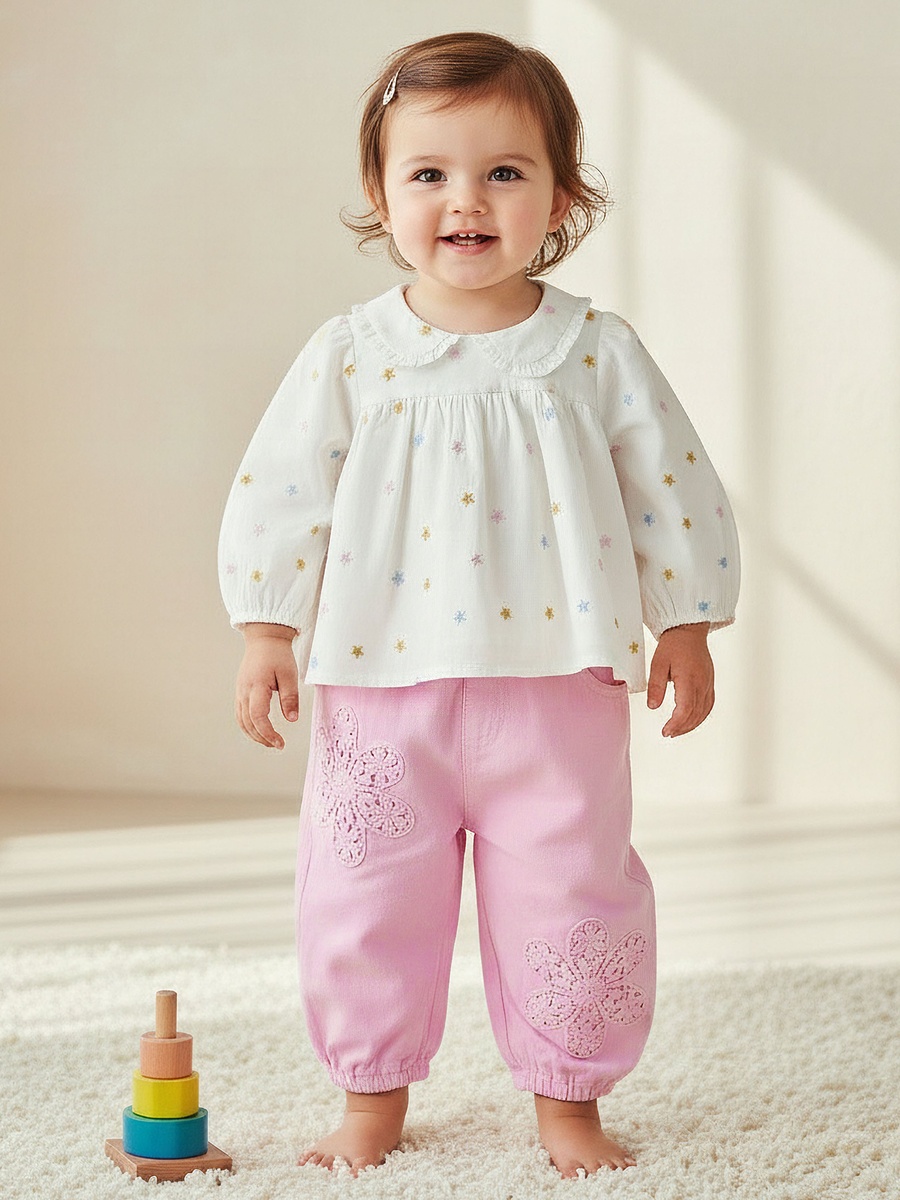 Peter Pan Collar Long Sleeves Top and Pants Set with Floral Embroidery