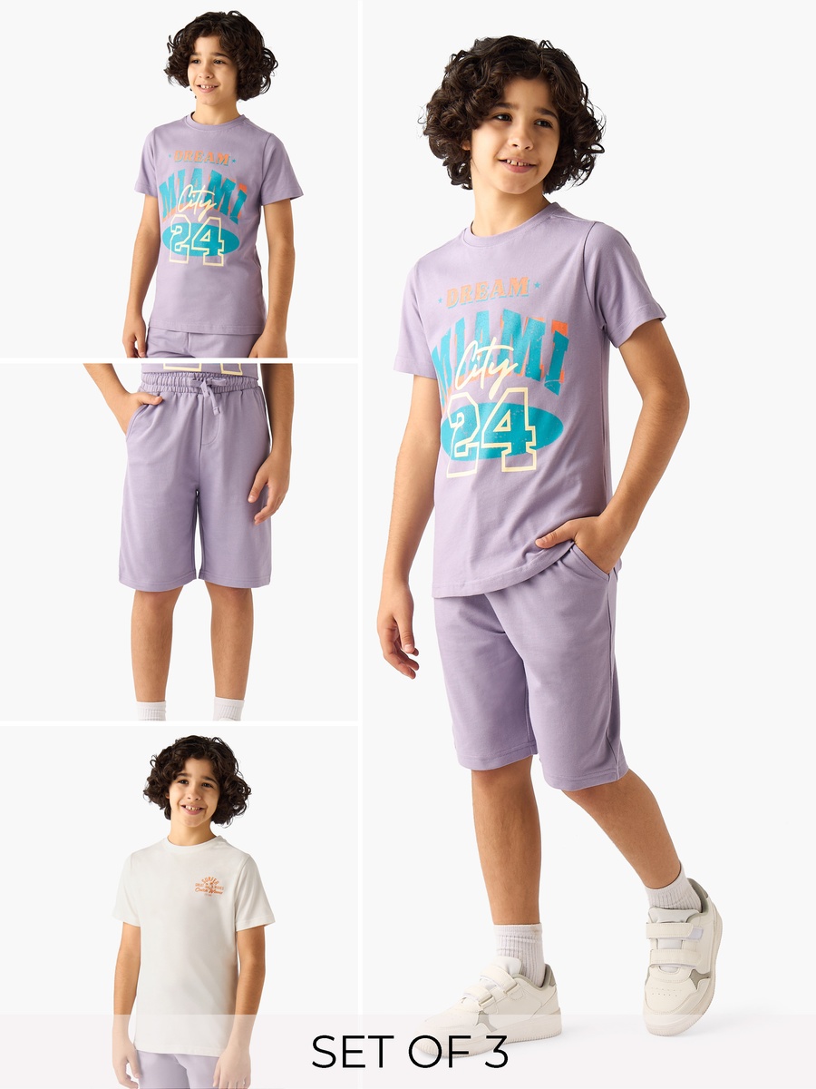 Set of 3 Crew Neck Short Sleeves T-Shirt and Shorts Set with Print