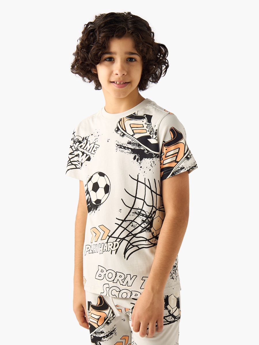 Set of 3 Crew Neck Short Sleeves T-Shirt and Shorts Set with Football Print