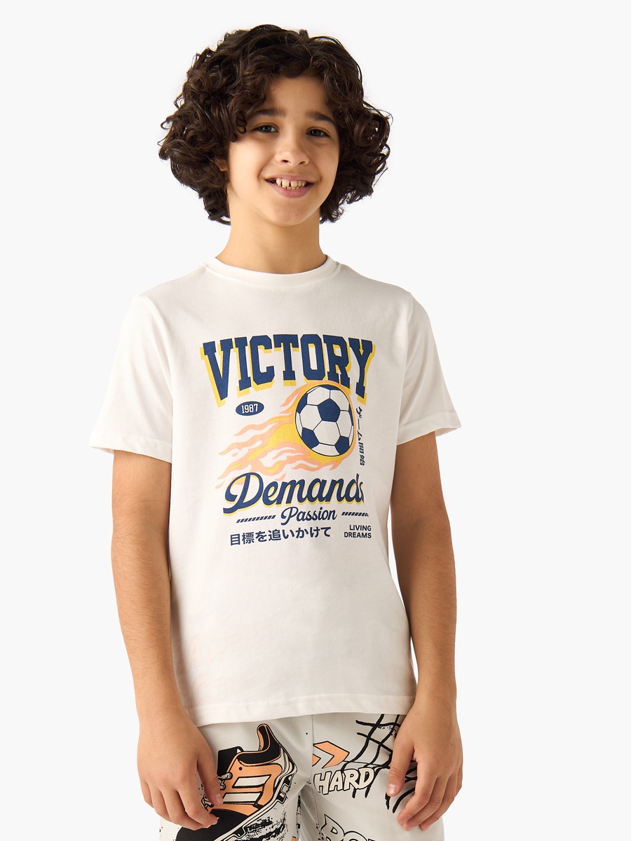 Set of 3 Crew Neck Short Sleeves T-Shirt and Shorts Set with Football Print