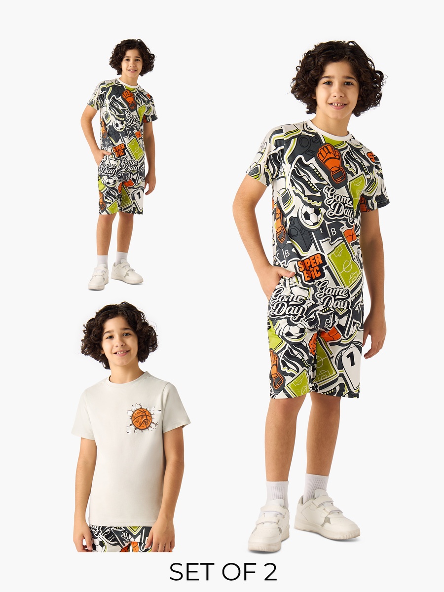 Set of 3 Crew Neck Short Sleeve T-Shirt and Shorts Set with Gaming Print