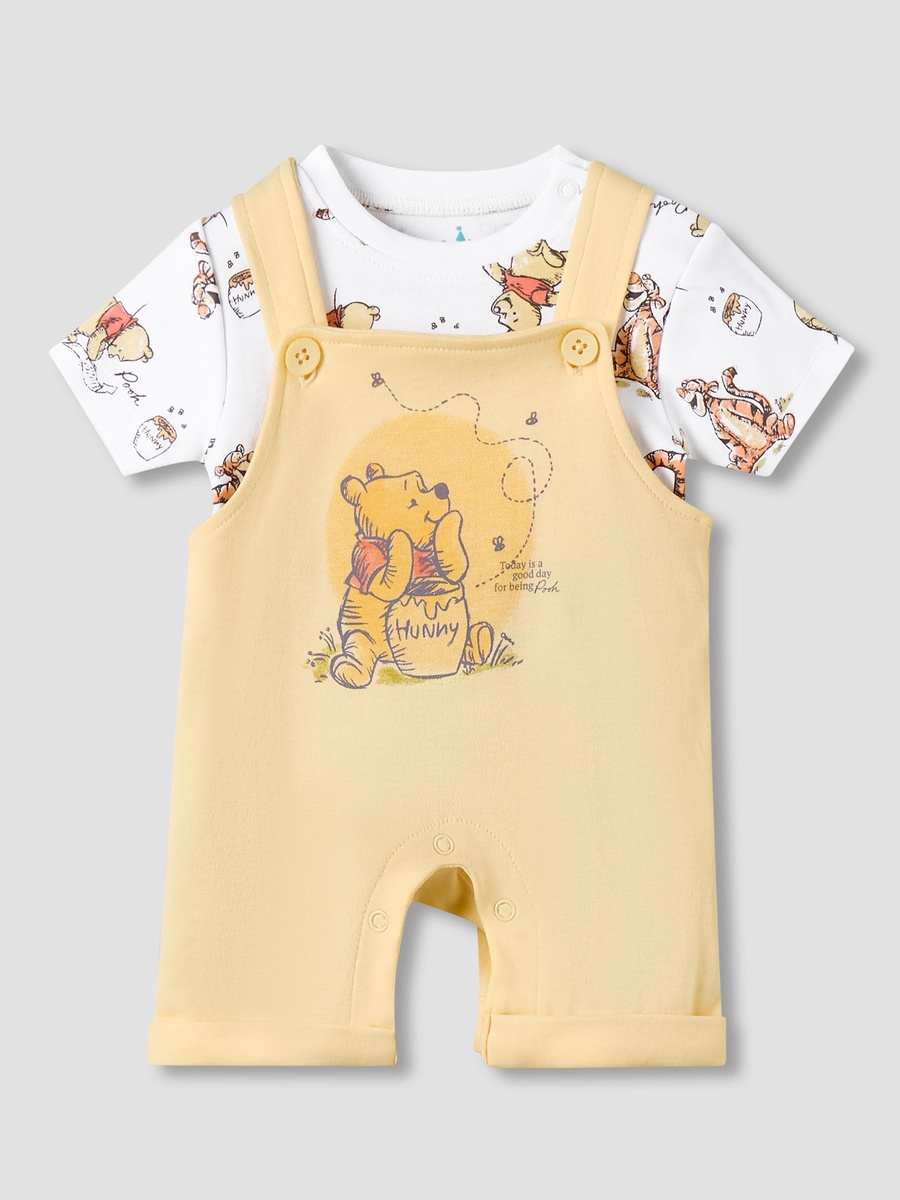 Crew Neck Short Sleeves T-Shirt and Dungaree Set with Winnie the Pooh Print