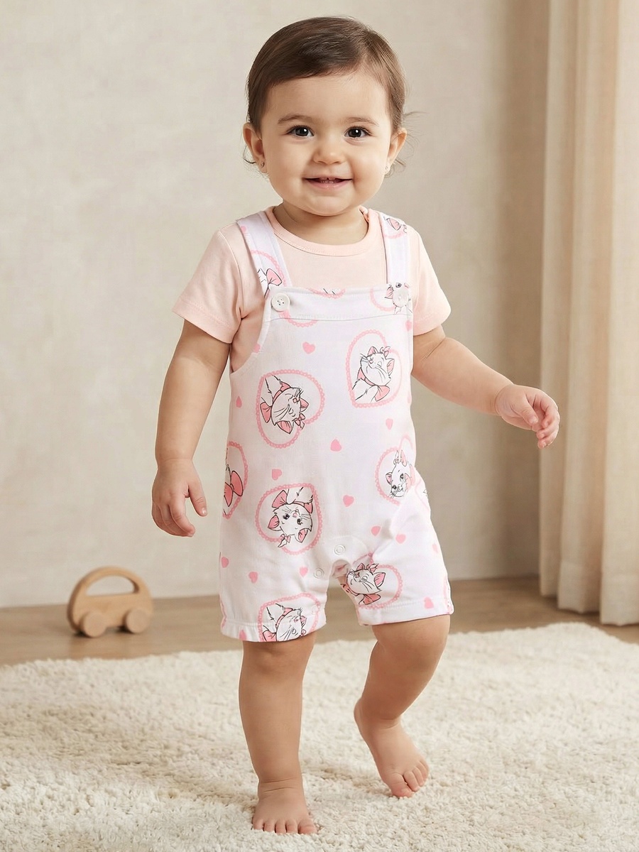 Round Neck Short Sleeves T-Shirt and Dungaree Set with Marie Print