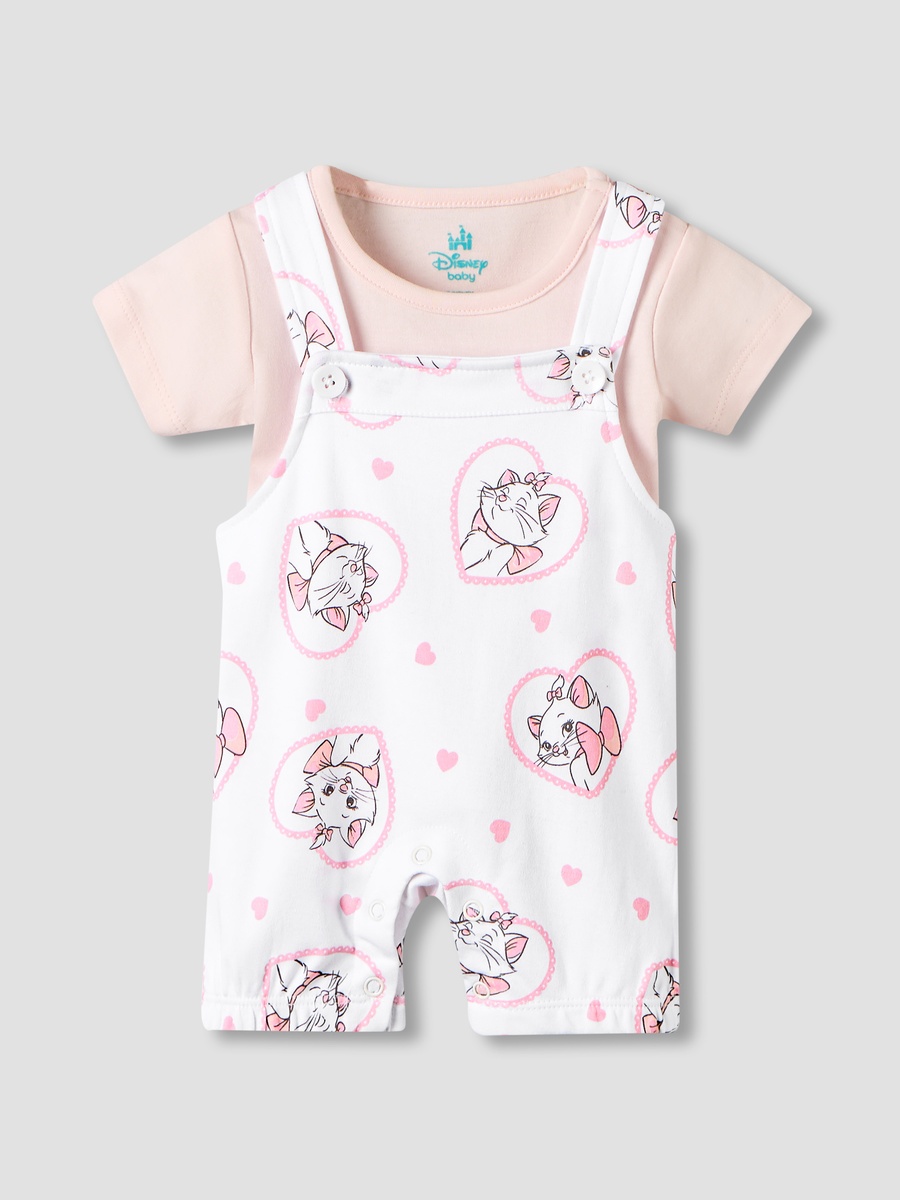 Round Neck Short Sleeves T-Shirt and Dungaree Set with Marie Print