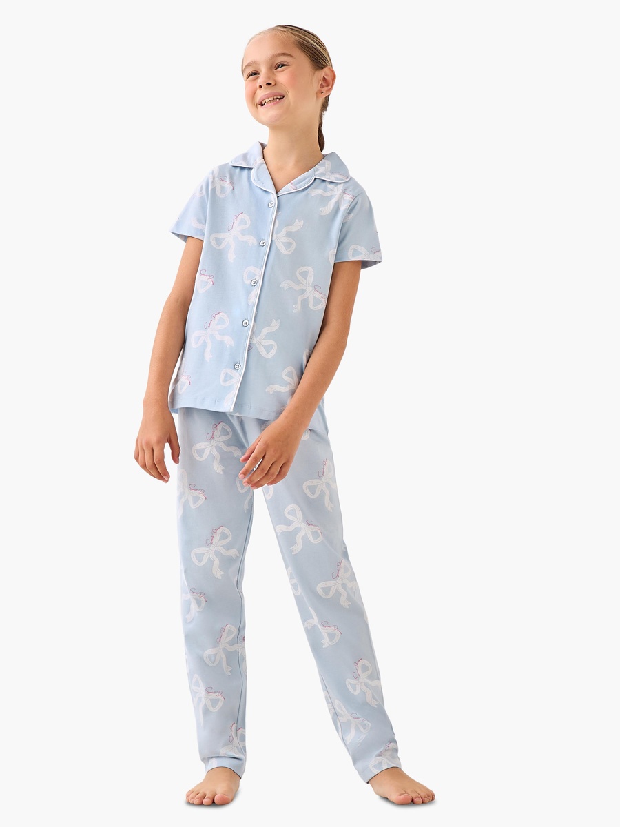 Cotton Collared Short Sleeves Pyjama Set with Bow Print