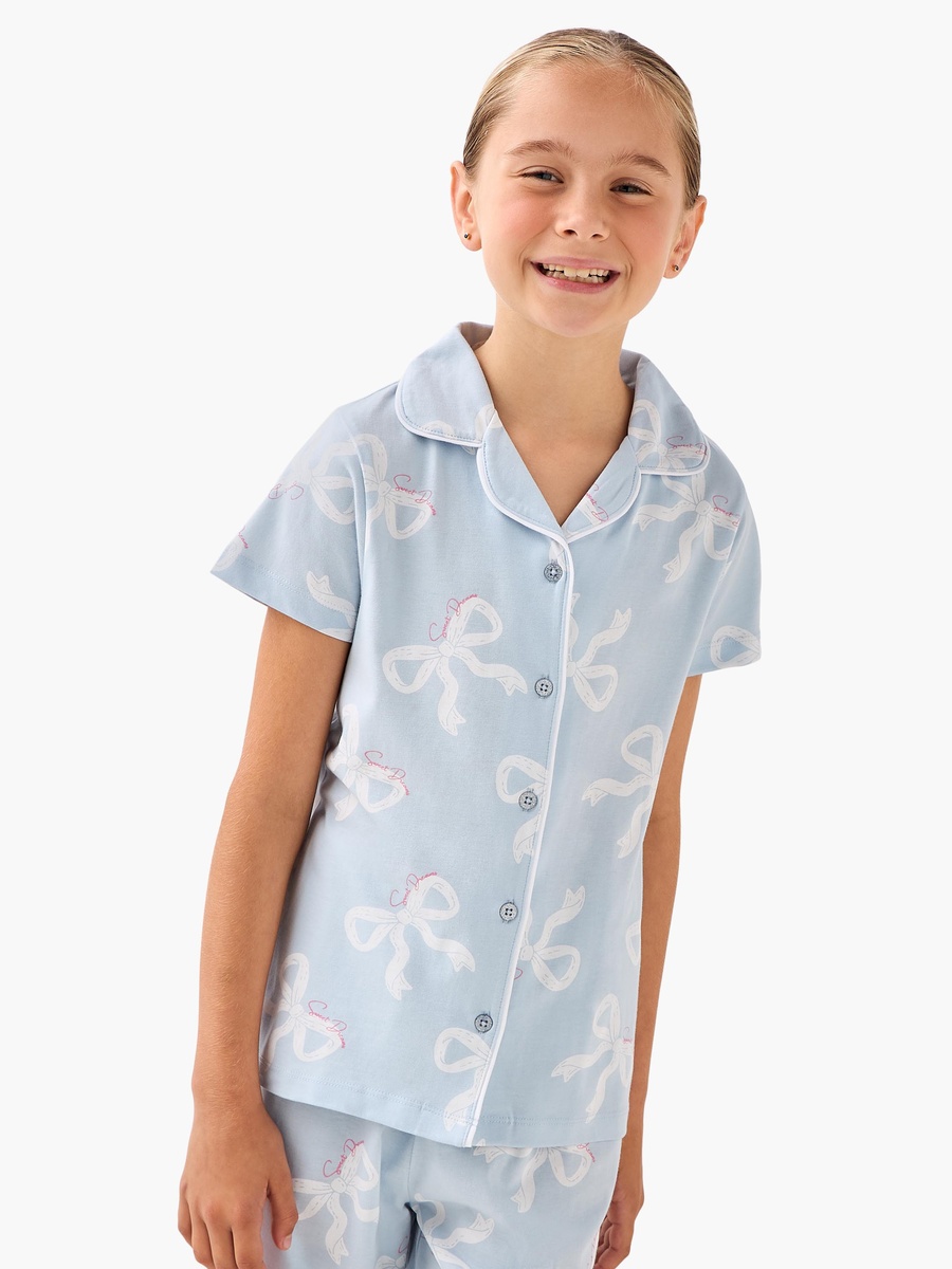 Cotton Collared Short Sleeves Pyjama Set with Bow Print