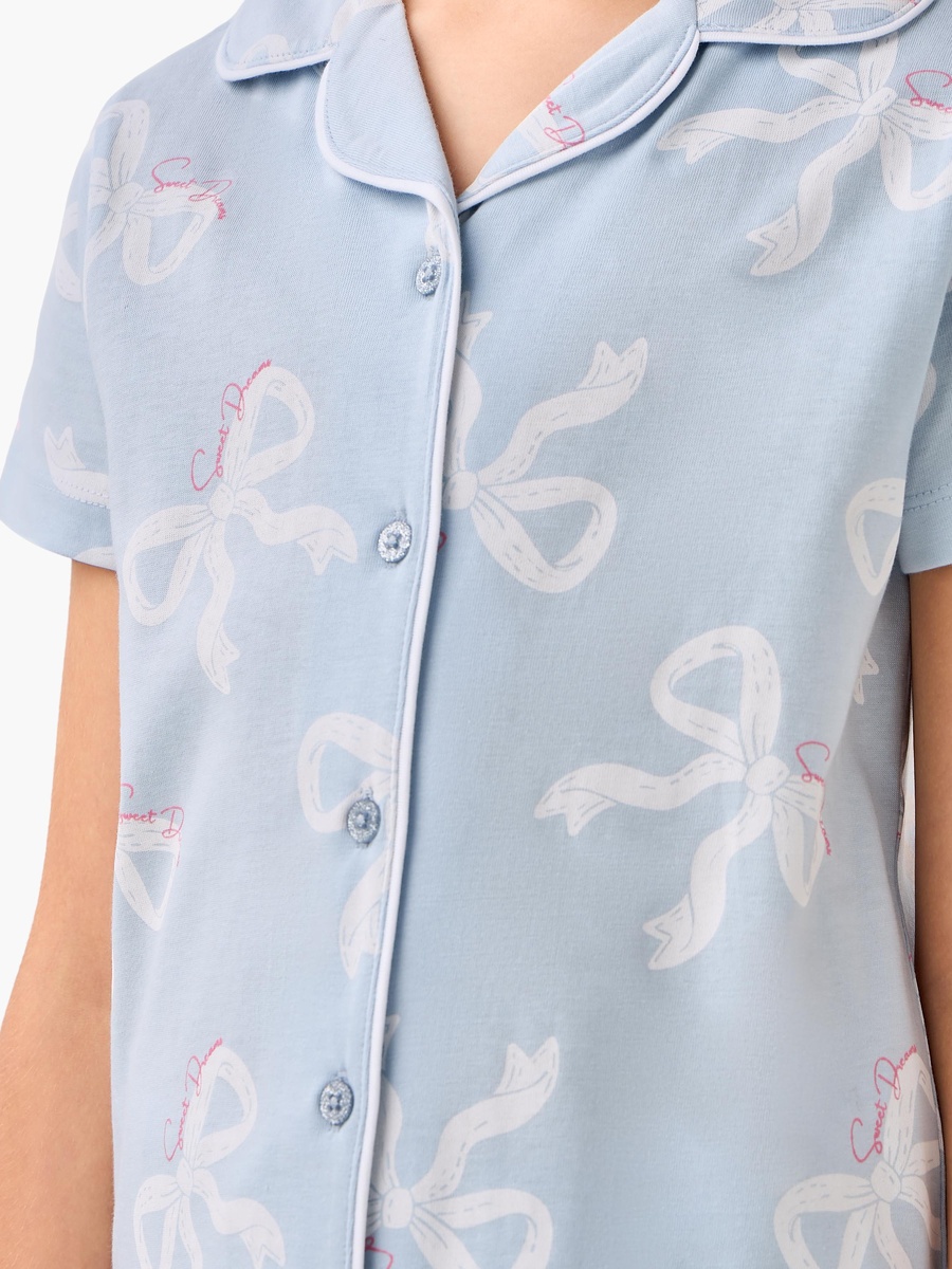 Cotton Collared Short Sleeves Pyjama Set with Bow Print