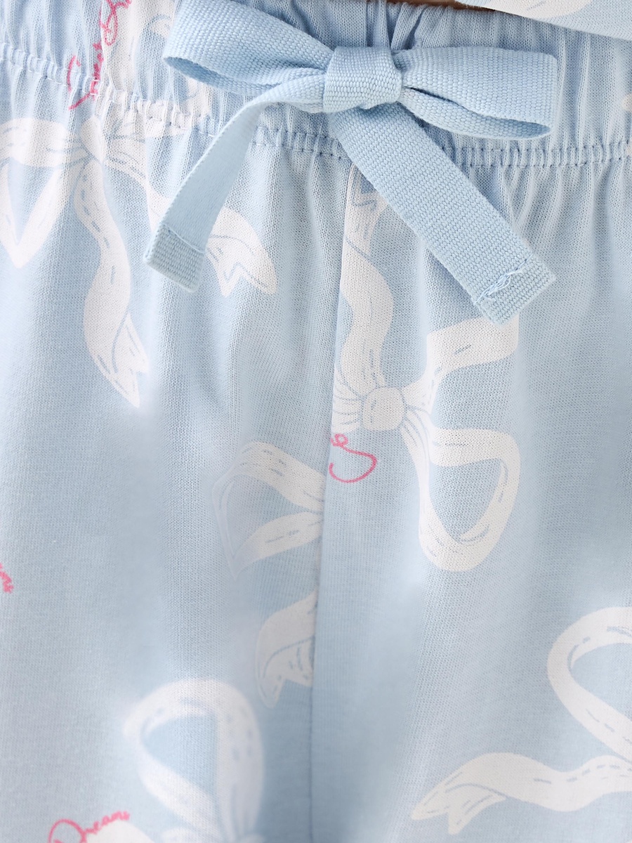 Cotton Collared Short Sleeves Pyjama Set with Bow Print